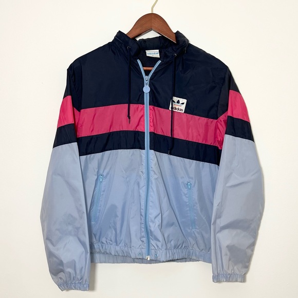 adidas Jackets & Blazers - Vintage Adidas 70’s Retro Track Windbreaker Hooded Jacket Blue & Pink Sz Small